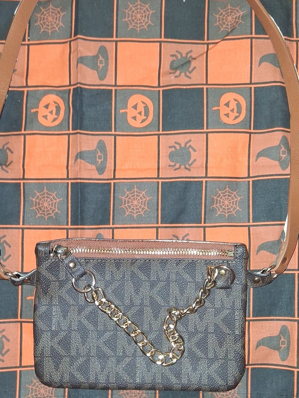 Michael Kors Navy Blue and Brown MK Signature Chain Crossbody